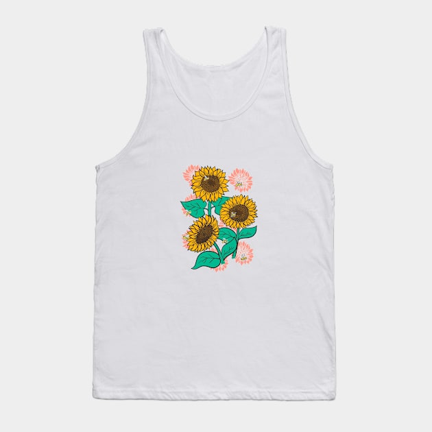 Cheery Sunflowers on Pink with Bees Tank Top by latheandquill